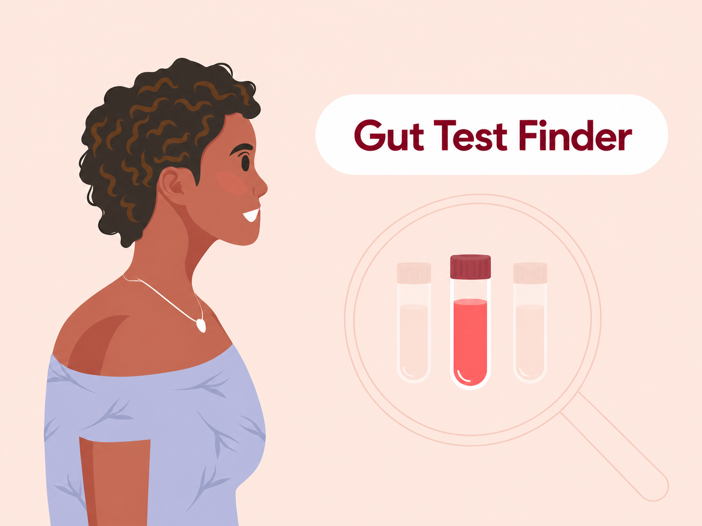 Curly-haired woman beside a pale magnifying glass and a coral sample tube and the title Gut Test Finder on a peach background.