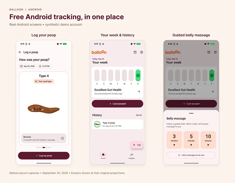 Balloon Android screenshots aligned side by side: poop logging, weekly history, and guided belly massage