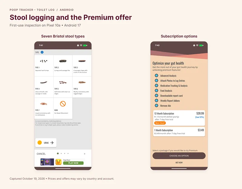 Poop Tracker Android stool selector and Premium subscription screen aligned side by side