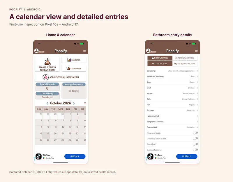 Poopify Android home calendar and detailed bowel entry form aligned side by side