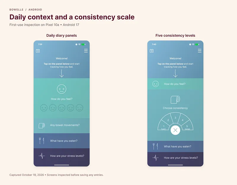 Bowelle Android daily diary panels and five-point consistency selector aligned side by side